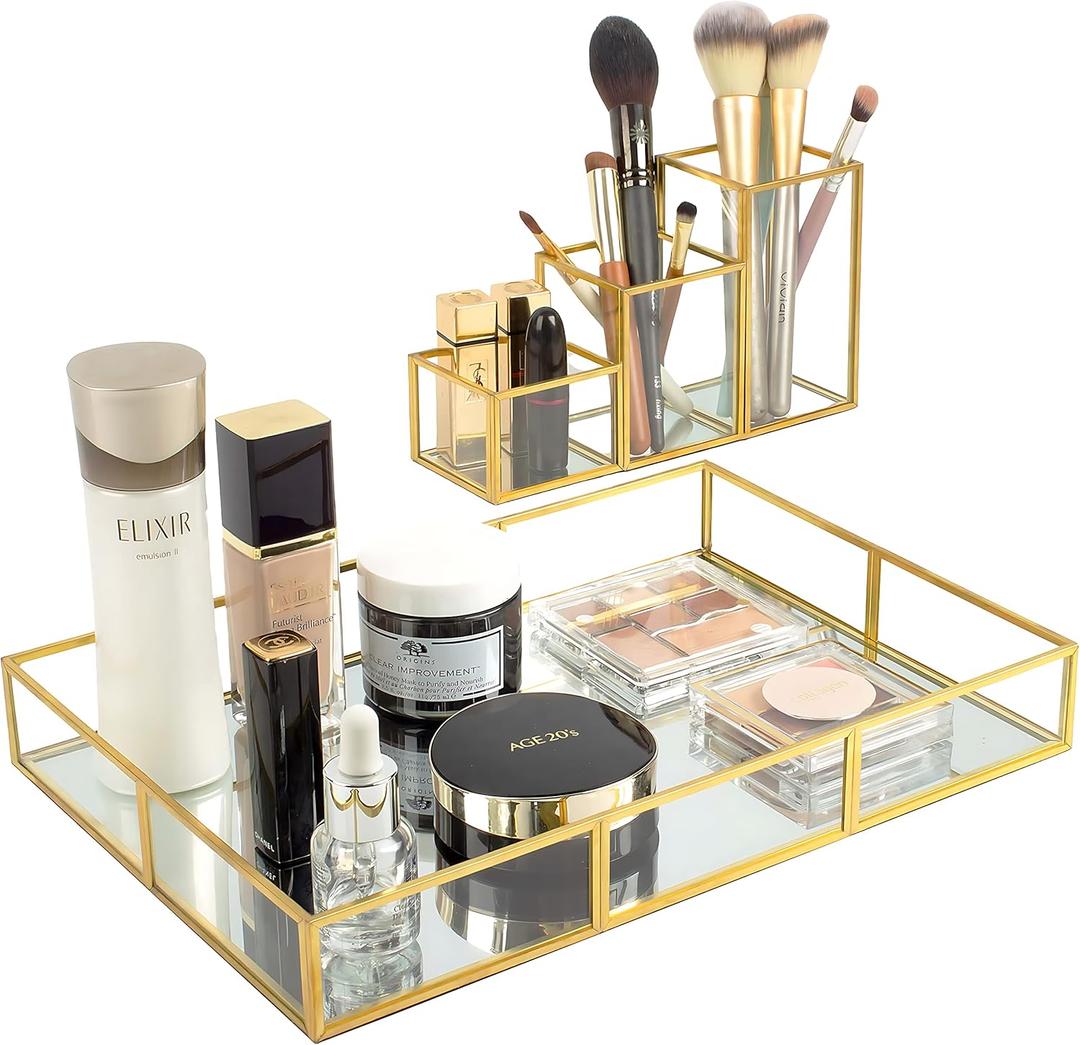 Gold Metal Frame and Glass Vanity Tray Set, Large Decorative Platform for Perfumes, Makeup Brushes, Jewelry Display, Office Stationery Holder, Sophisticated Design, 12.2x8.5x2.2 in