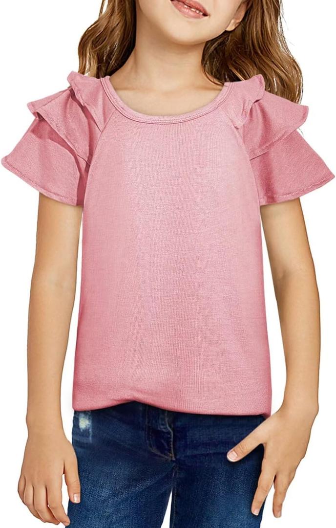 DOKOTOO KIDS Girls Ruffle Sleeve Shirts Summer Cute Crewneck Blouse Tops (8-9 Years, Pink)