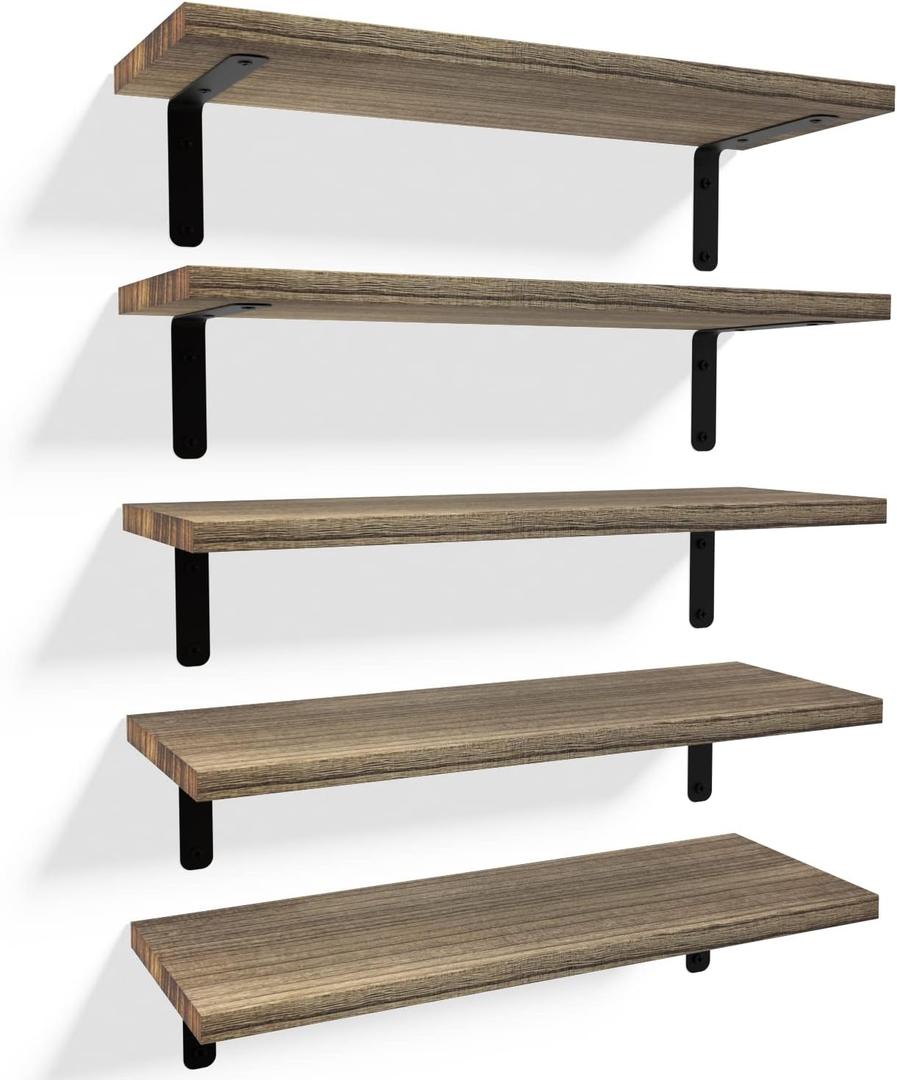 RICHER HOUSE Rustic Wood Shelves Set of 5, Farmhouse Style Floating Shelf for Wall Dcor, Hanging Shelves for Bathroom, Bedroom, Storage, Kitchen, Living Room - Carbonized Black