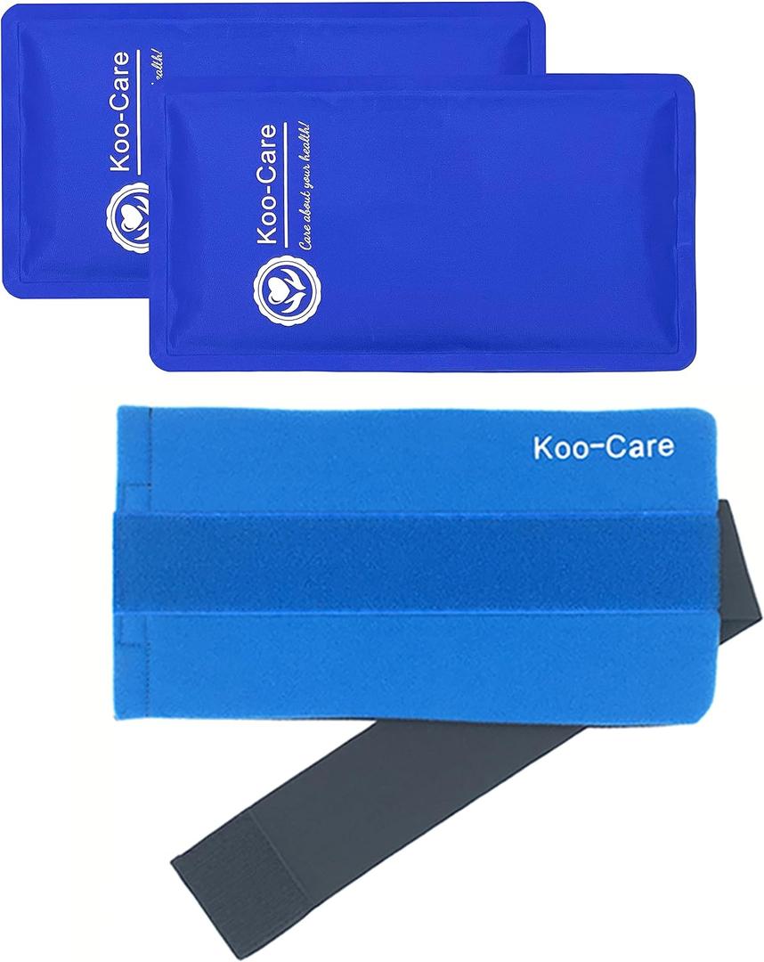 Koo-Care 2 Gel Ice Pack for Injuries Reusable Flexible Hot Cold Pack Wrap with Elastic Strap Cold Compress for Head Shoulder Arm Elbow Wrist Lower Back Knee Ankle - Pain Relief for Migraine 10" x 5"