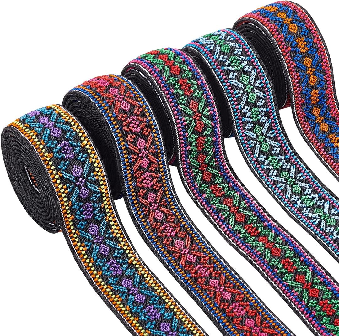 BENECREAT 5 Yards Elastic Woven Jacquard Ribbon - 5 Colors Boho Elastic Band 1" Ethnic Ribbon for DIY Craft Accessories Embellishment Decorations