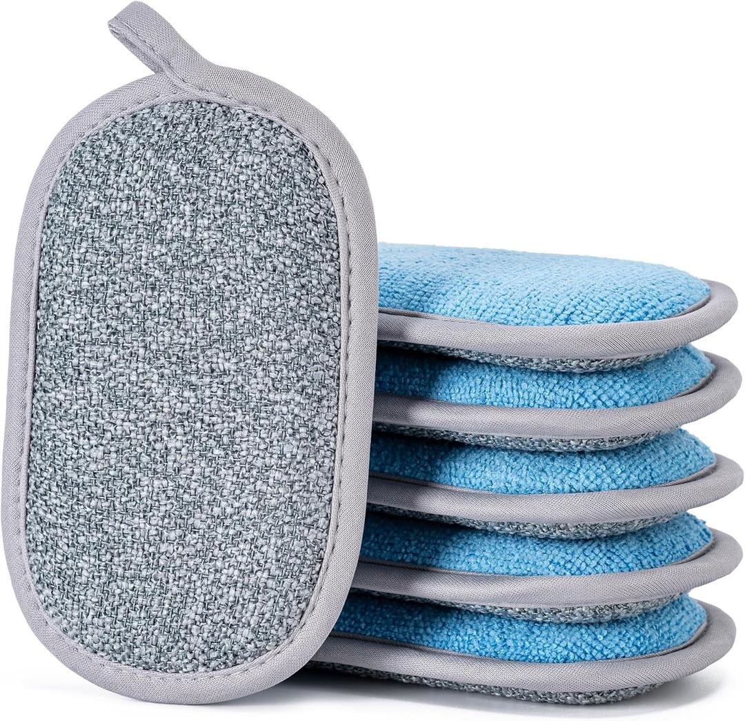 Dual-Sided Multi-Purpose Scrub Sponges, Non-Scratch Dishwashing Sponges for Kitchen, Reusable Microfiber Sponge for Efficiently Cleaning Dishes, High Density Sponge Inside (6 Pack, Medium) (Grey-blue)