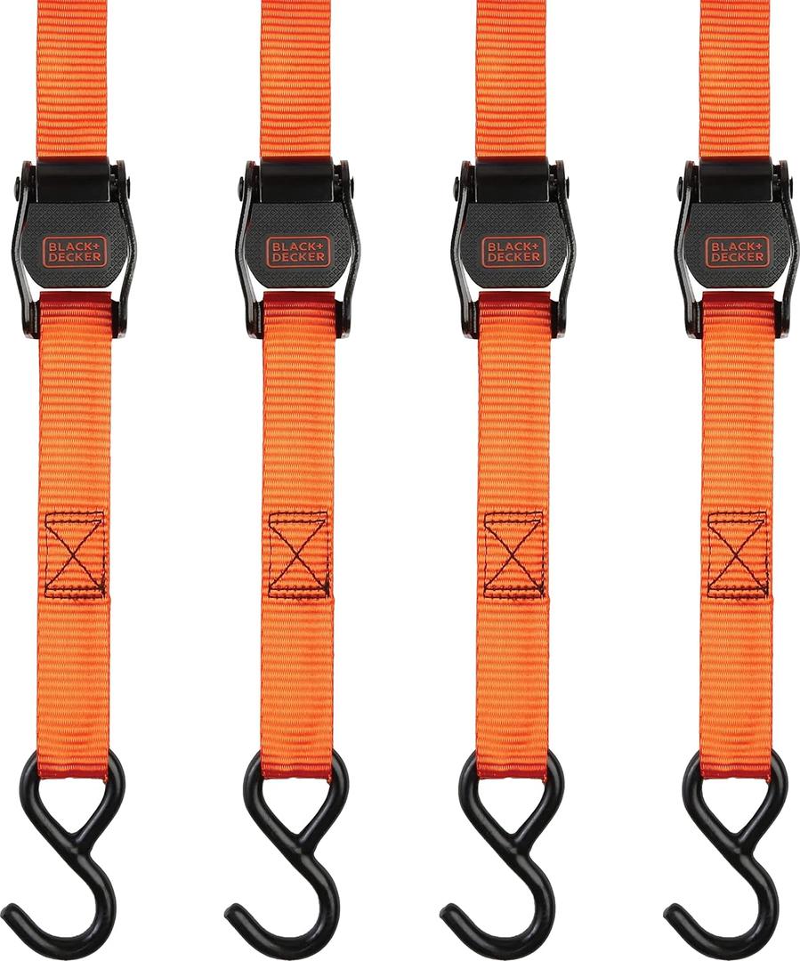 BLACK+DECKER BDX1004 Black/Orange 1" x 10' Cam-Buckle Tie Down Straps - 300 lb Safe Working Load / 900 lb Break Strength, 4 Pack