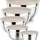 P&P CHEF Mixing Bowl with Airtight Lid Set of 5, 10-Piece Stainless Steel Nesting Salad Bowl Set for Prepping, Mixing and Serving, Size 4.6, 3, 1.5, 1, 0.7 QT, Rimmed Edges & Flat Base, Khaki