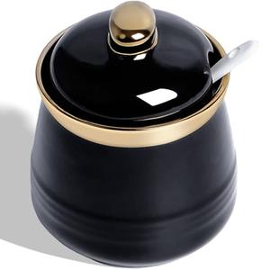 HAOTOP 12oz Sugar Bowl with Lid and Spoon,Simple Ceramic Sugar Jar Sugar Container Sugar Dispenser Coffee Bar Accessories, Modern Kitchen Countertop Canisters, Black