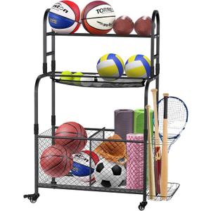 Garage Garage Sports Equipment Organizer - Rolling Ball Storage Bin with Wheels and Rope Sports Equipment Organizer - Rolling Ball Storage Bin with Wheel, Black