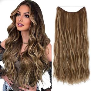 SARLA Invisible Wire Hair Extension with 3 Clips Synthetic Long Beach Wave Hairpiece Transparent Adjustable Headband for Women 24 Inch Medium Ash Brown