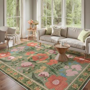 Beeiva 8x10 Washable Rug, Soft Floral Green Rugs for Living Room Indoor, Large Soft Low Pile Flower Carpet for Playroom Kids Dining Room Clasroom Dorm Dcor (Green,8'x10')