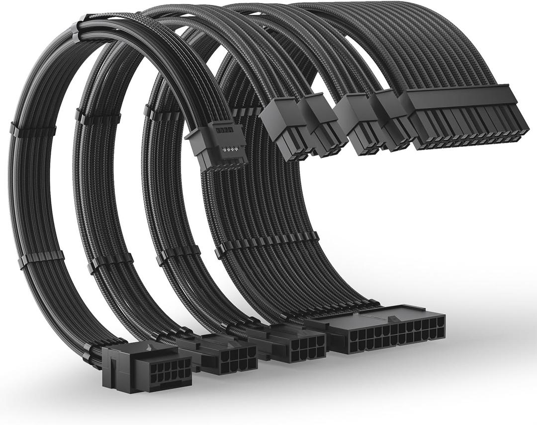 AsiaHorse 12VHPWR PSU Extension Cable Kit for RTX 50/40 Series, 16AWG Pcie 5.0 Cable Extension Kit Soft Braided 16PIN to 16PIN Cable Kit, 24pin ATX /4+4pin EPS /12+4pin 30CM (Black)