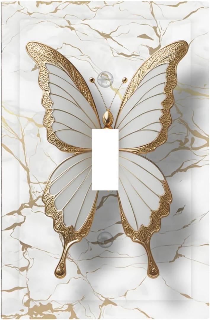Decorative Light Switch Covers White-Gold 3D Butterfly & Abstract Marble Single Toggle Light Switch Cover Plate 1 Gang Outlet Covers Wall Plate Luxury Abstract Modern Dimmer Faceplate Bedroom