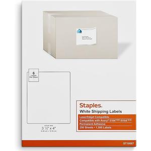 Staples White Shipping Labels 4 x 3 1/3 250 Sheets 1500 Labels