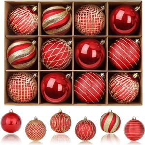 SHareconn 80mm Christmas Balls Ornaments,12PCS Colored Shatterproof Plastic Decorative Hanging Tree Decorations Baubles Set for Xmas Tree Decor Holiday Party Wedding Decoration with Lanyard,Red & Gold (8CM)