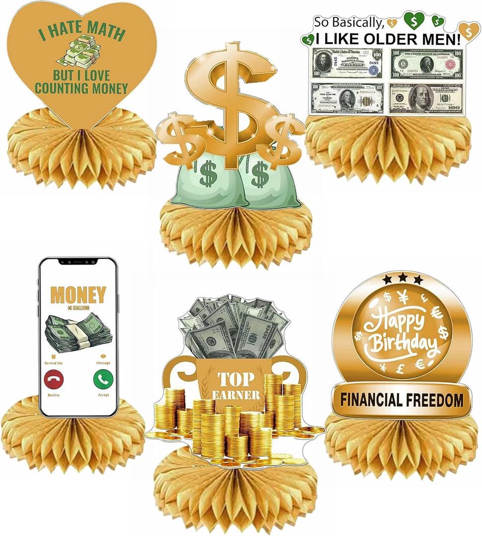 Hilarious 6Pcs Money Themed Birthday Party Honeycomb Centerpieces Bill Dollar Party Table Decorations Table Topper for Birthdays Casino Weddings Bachelorette Graduations Party Supplies