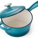 Onader Enameled Cast Iron Sauce Pan, 2QT Saucepan with Lid, Small Cast Iron Pot for Cooking, Enamel Dutch Oven Nonstick & Heavy Duty  Dark Cyan