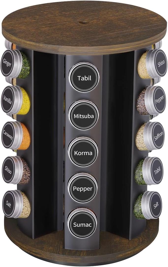 New England Stories Revolving Spice Rack Set with 30 Spice Jars, Kitchen Spice Tower Organizer for Countertop or Cabinet - Carousel Storage Includes 386 Spice Labels (Wood)