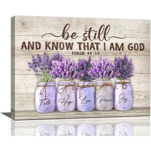 Farmhouse Lavender Bathroom Flower Decor Wall Art Be Still And Know That I Am God Rustic Floral Purple Pictures Wall Decor Christian Religion Canvas Painting Prints Artwork Framed for Bedroom 20"x16"