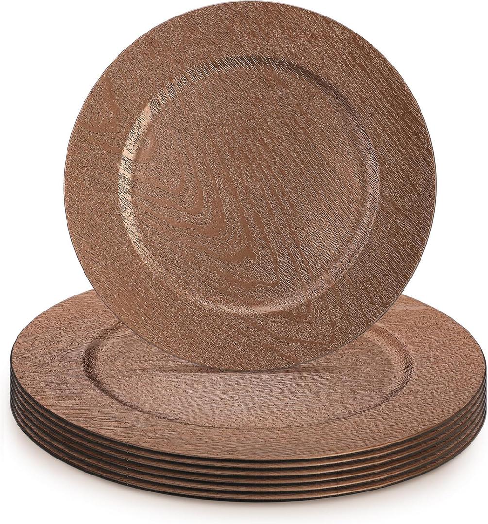 Mifoci 6 Pcs 13" Boho Faux Wood Plastic Charger Plates, Faux Wood Chargers for Dinner Plates Round Rustic Wedding Party Service (Dark Brown)