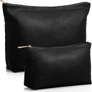 Kigeli 2 Pcs Small Makeup Bag Set for Purse PU Leather Cosmetic Bag Makeup Travel Toiletry Pouch Aesthetic Preppy Organizer Storage Pouch Gift for Teacher Mother Day Women (Black)