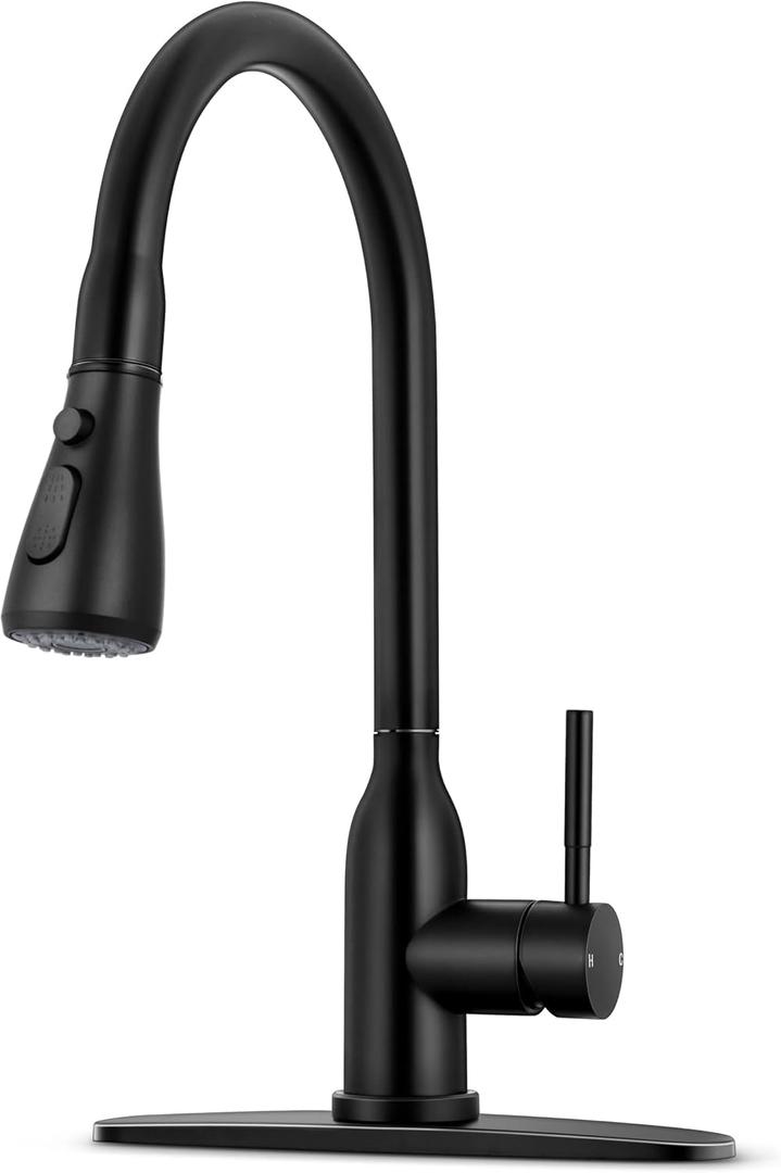 Herogo Kitchen Sink Faucets with Pull Down Sprayer Matte Black, Stainless Steel High Arc Single Level Pull Out Faucets with Deck Plate for Farmhouse Laundry Rv Utility Wet Bar
