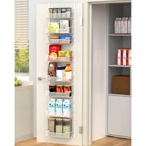 12.3" W Narrow Over the Door Pantry Organizer, 8-Tier Over the Door Organizer with Adjustable Basket, Pantry Door Organization for Pantry Kitchen Storage Room Spice Rack, White