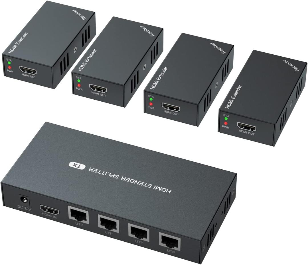 HDMI Extender Splitter 1x4 1080P@60Hz Over Cat 5E/6/7 Ethernet Cable 50m (165ft) Support EDID Copy POC Function (1 in 4 Out)