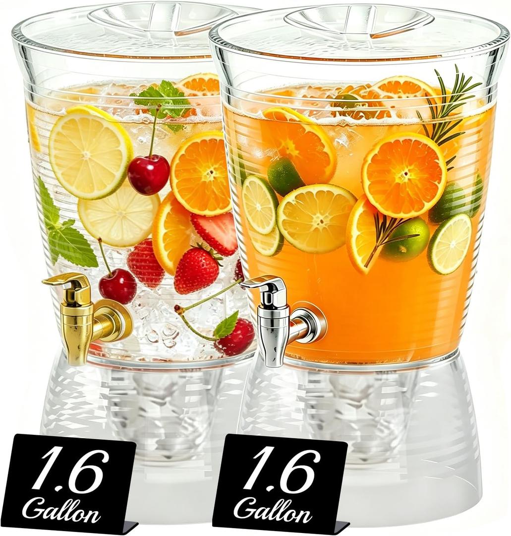 1.6 Gallon Drink Dispenser for Parties, 2 Pack Plastic Beverage Container with Stand for Counter Tops, for Tea,Drinks, Juice, Punch & Water Party Hosting