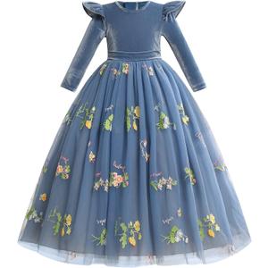 IBTOM CASTLE Flower Girl Dress Long Sleeve Velvet Floral Embroidery Tulle Tutu Dresses Fall Winter Wedding Formal Ball Gown (Blue)