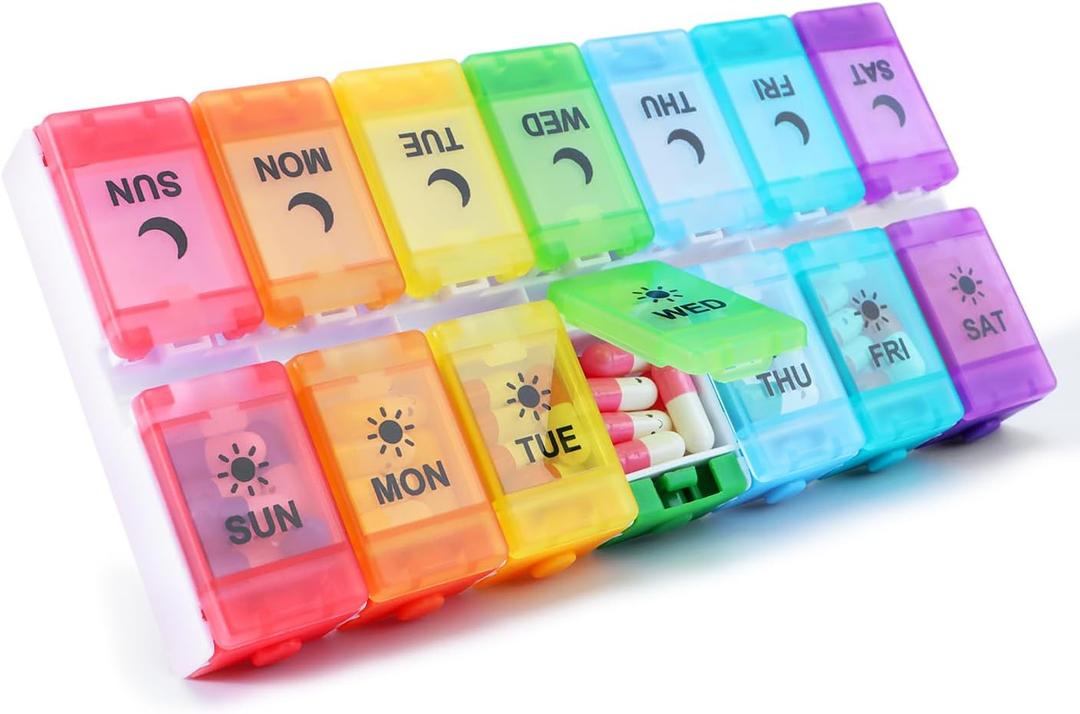 Weekly Pill Organizer, 7 Day AM PM, Push Button Design, Rainbow Colors, BPA-Free Medicine Container for Vitamins, Fish Oil, Supplements