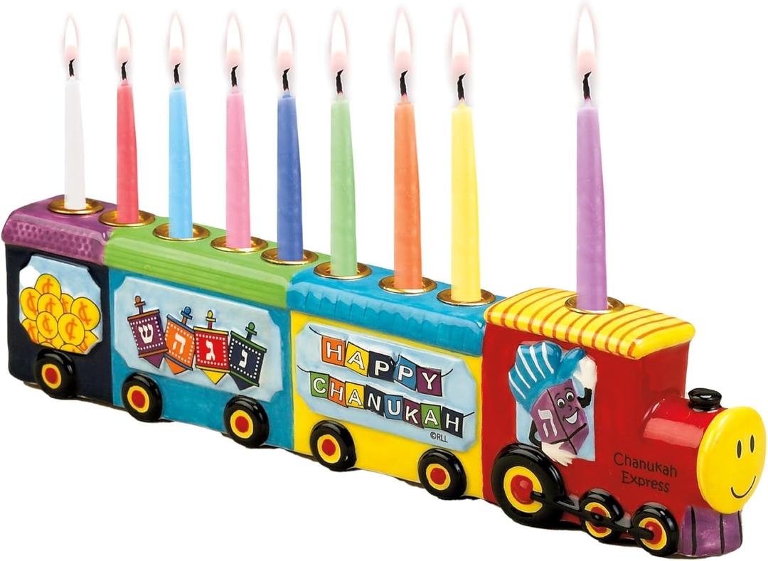 Rite Lite Chanukah Menorah Express Ceramic Menorah, 11.5 Multi-Color Hannukah Train Menora Jewish Holiday Party Favors Goodie Bag Decor Accessories Festival of Lights