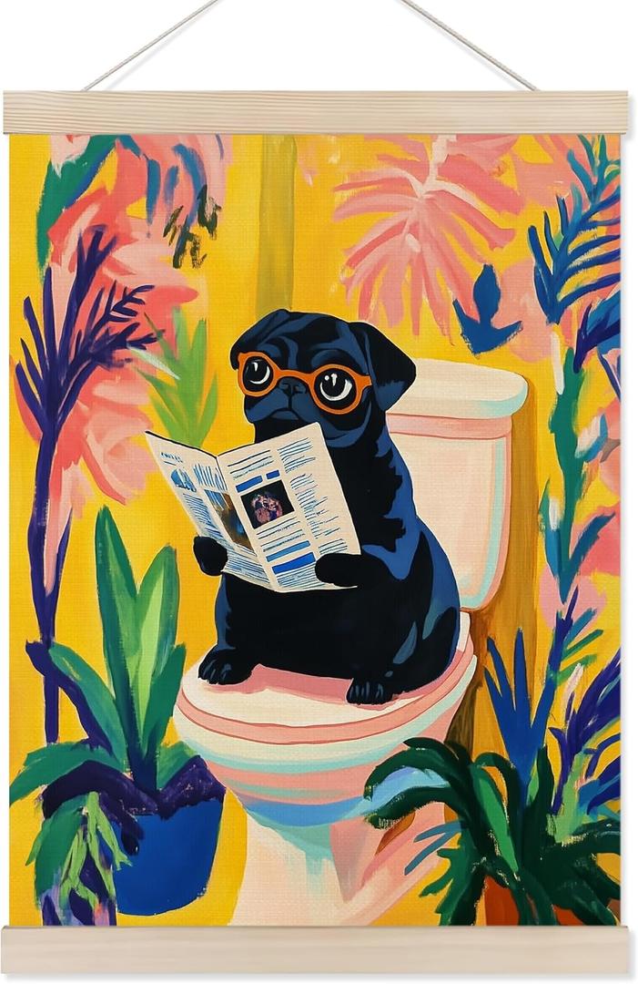 Koesus Funny Black Pug Pooping Bathroom Wall Art Poster Hanger Frame 12x16 Inch, Maximalist Dopamine Tropical Botanical Pug Canvas Pictures Prints Framed Wall Decor for Bathroom Toilet Washroom