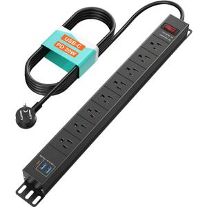QBA 8 Outlet Metal Power Strip with USB C PD 20W, Heavy Duty Wide Spaced Outlets, Wall Mount for Home Office Garage Workshop, 6ft Cord, Black QBA 8 Outlet Metal Power Strip with USB C PD 20W, Heavy Duty Wide Spaced Outlets, Wall Mount for Home Office Garage Workshop, 6ft Cord, Black