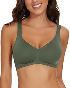 WOWENY Seamless Wireless Bra for Women Support Push Up T-Shirt Bra Comfortable Soft Bralettes No Underwire V Neck Adjustable Padded Everyday Bra(Green, L)