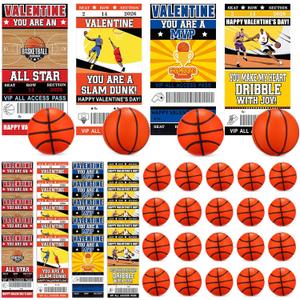 Realspring 24 Set Basketball Valentines Day Cards Gifts for Kids Classroom 24 Pcs Mini Foam Stress Basketball and 24 Pcs Class Exchange Card for Valentines Goodie Bag Stuffer School Sport Party Favors
