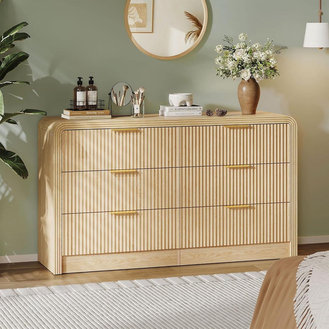 Fluted 6 Drawers Dresser for Bedroom,55'' Wide Wood Dressers with Gold Handles, Modern Dressers with Wave Texture, Large Storage Chest of Drawers, Bedroom Dresser Organizer (Natural Oak)