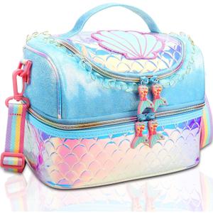 RHCPFOVR Kids Lunch Bag - Double - Decker Cooler Insulated Lunch Box for Boys Girls Women,Washable Lunch Bag with Strap and Reusable Toddler Lunchbox for School and Daycare (Blue Mermaid)
