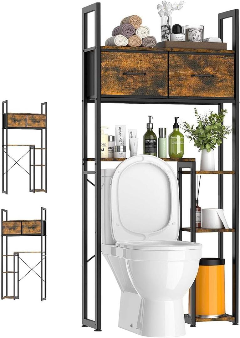 Luxspire Bathroom Over Toilet Storage, 5-Tier Over The Toilet Shelf with 2 Drawers & Adjustable Shelves, Freestanding Space Saver Above Toilet Storage for Bathroom, Brown + Black