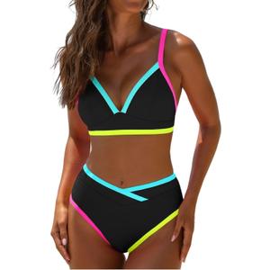 popvil High Waisted Bikini Sets for Women Neon Two Piece Swimsuit Sexy High Cut 2026 Bathing Suit (Large, Black1)