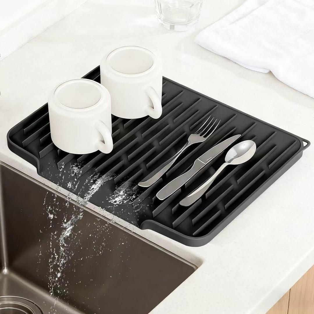 Silicone Kitchen Countertop Dish Drying Mat with Water Collection Tray Non-Slip Pad ( Black)