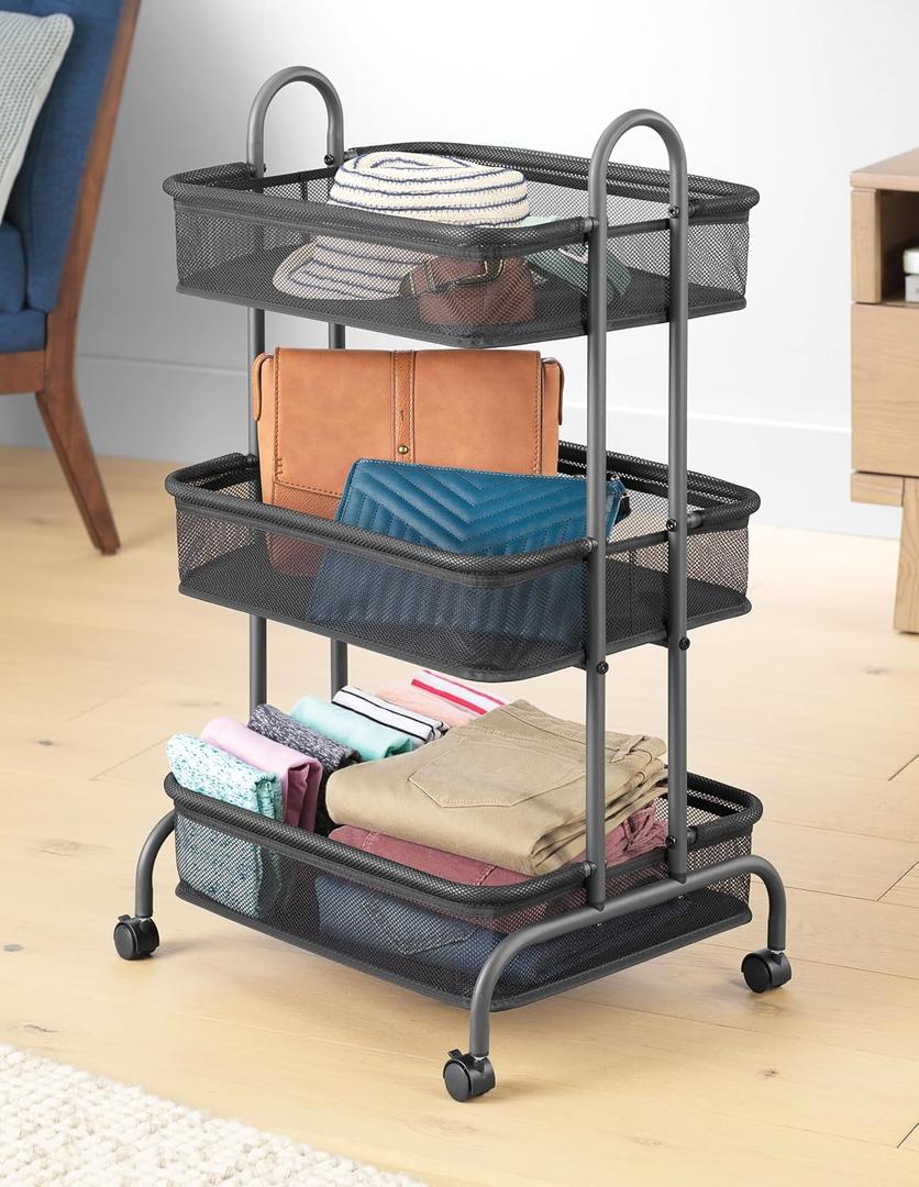 Whitmor Storage Cart Metal 3 Tier Rolling Cart with Wheels, Utility Cart for Bathroom, Bedroom, Bitchen, Laundry Room, Black