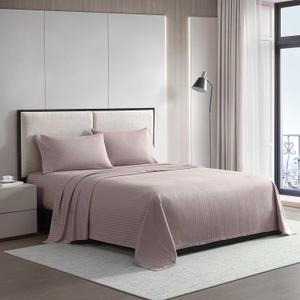 Vera Wang - Queen Size Sheets Set, Smooth & Crisp Cotton w/Textured Weave, Lightweight for Year Round Comfort- Bed Sheets with Matching Pillowcases & Fitted Sheet (Dobby Stripe Pink)