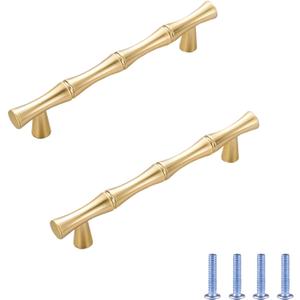 3-3/4"(96mm) Bamboo Shape Cabinet Pulls Gold Dresser Pulls Kitchen Pulls Zinc Alloy Pulls Drawer Pulls Cupboard Wardrobe Furniture Pulls Hardware Drawer Handles, 2 Pack