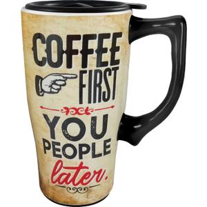 Spoontiques - Ceramic Travel Coffee Mug with Lid and Handle - Spill Proof Lid - Double Walled Mug for Hot and Cold Beverages - Microwave and Dishwasher Safe - Coffee First Travel Mug