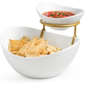 Porcelain Serving Bowl Set for Appetizer Serving Dishes Set with 2 Compartment, Chip and Dip Taco Rack Display Salad Bar Serving Set, Gold Stand (Large & Medium)