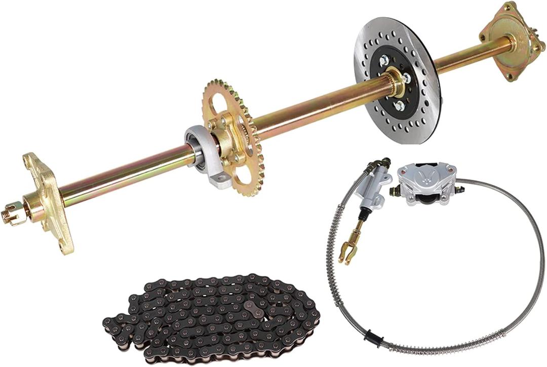 32 Go Kart Axle Kit Alloy Rear Axle with Brake Dics +Brake Master Cylinder +Sprocket +Pillow Bearing +Chain + Hub Replacement for Go Kart ATV Quad Drift Trikes