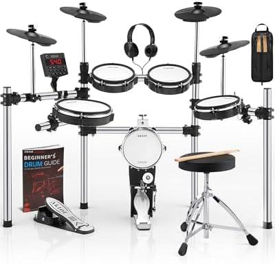 AKLOT Electric Drum Set with Kick-Tower: 4 Dual Zone Mesh Pads, 8’’ Tower-Style Kick Drum, 10’’ Snare, Dual Zone 10’’ Cymbals with Choke, 360 Sounds, User Kit, USB-MIDI, Throne, B-CORE 540 Air, Silver