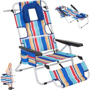 5 Position Folding Beach Chair with Face Hole, Portable Backpack Foldable Lounge Chair w/Headrest & Armrest, Heavy Duty Lay Flat Tanning Chair for Face Down Reading for Adult,440lb Capacity, Blue Stripes