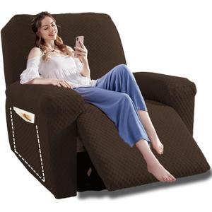 YEMYHOM 4 Pieces Oversized Stretch Recliner Slipcover Jacquard Large Recliner Chair Cover with Side Pocket Anti-Slip Fitted Furniture Protector with Elastic Bottom (X-Large Recliner, Dark Coffee)