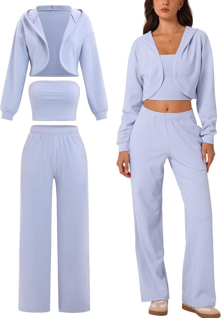 ABOCIW Womens 3 Piece Outfits Brushed Jersey Long Sleeve Hooded Cropped Shrug Bandeau Top Wide Leg Sweatpants Tracksuit