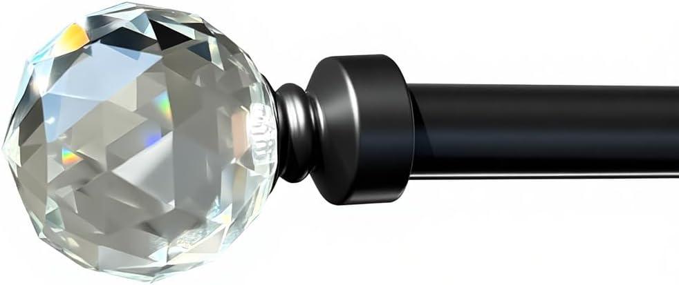 Iron Home Luxury Curtain Rod 32207 Inches, Heavy Duty 1-Inch Metal, Black Finish with Crystal Finials, Adjustable for Small to Large Windows, Sliding Doors & Patio Curtains