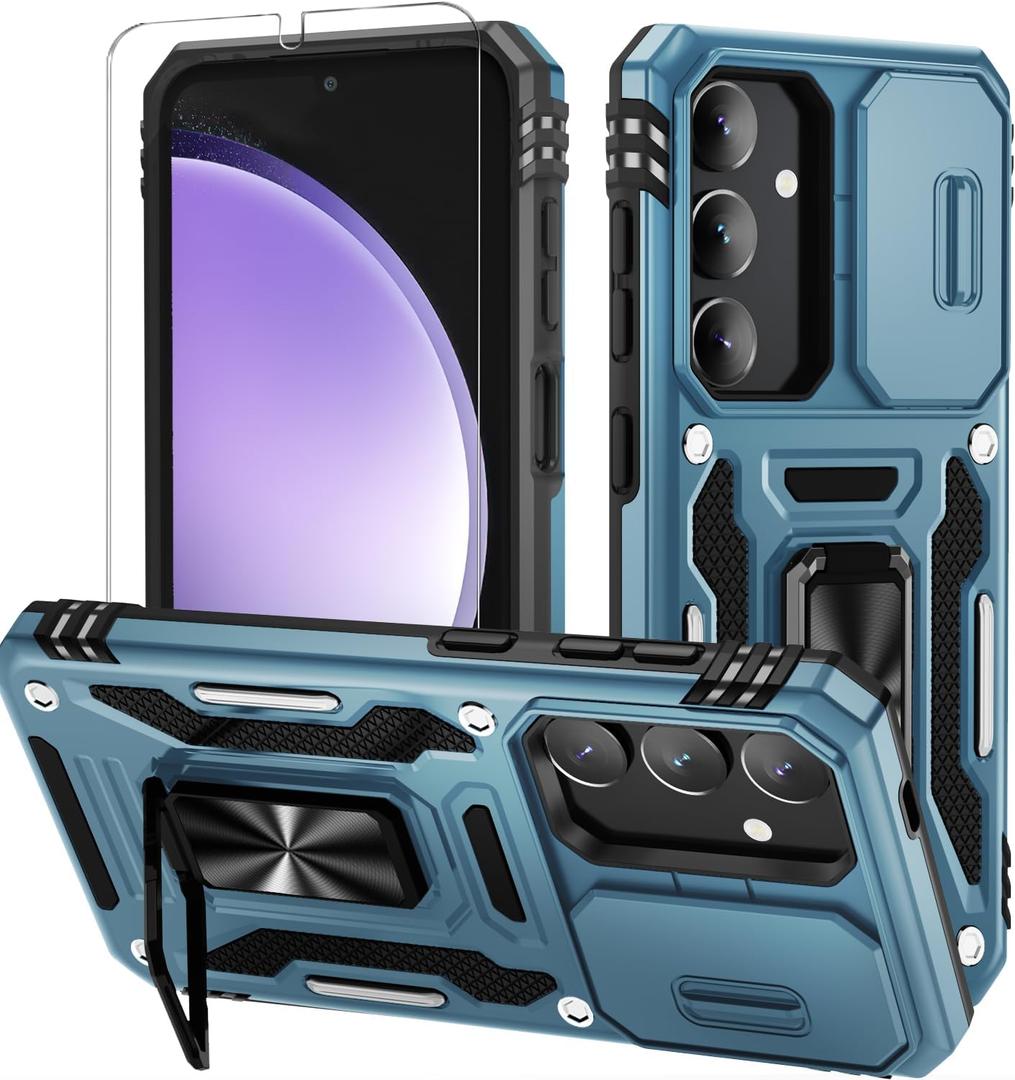 Pack of 5, WRJ for Samsung Galaxy S25/Galaxy S24 Case with Slide Camera Cover and Screen Protector, Military Grade Protection [Rotated Ring Kickstand] Heavy Duty Shockproof Protective Cover-Sky Blue